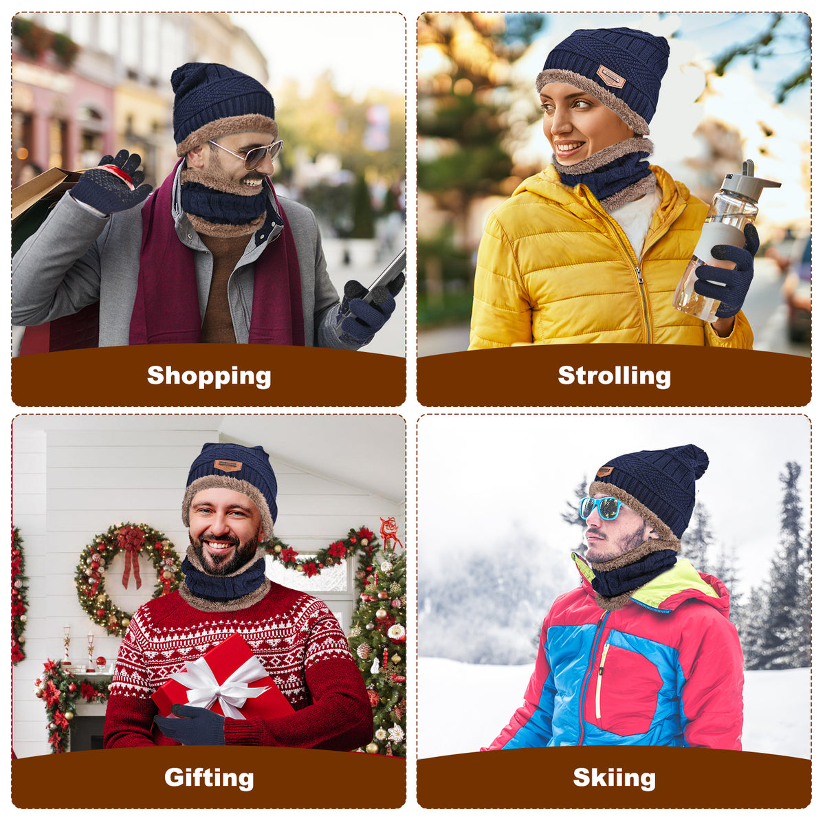 3 PCS Winter Warm Set, Winter Gloves Beanie Hat Neck Scarf Cold Weather Accessories for Men & Women - Navy Blue