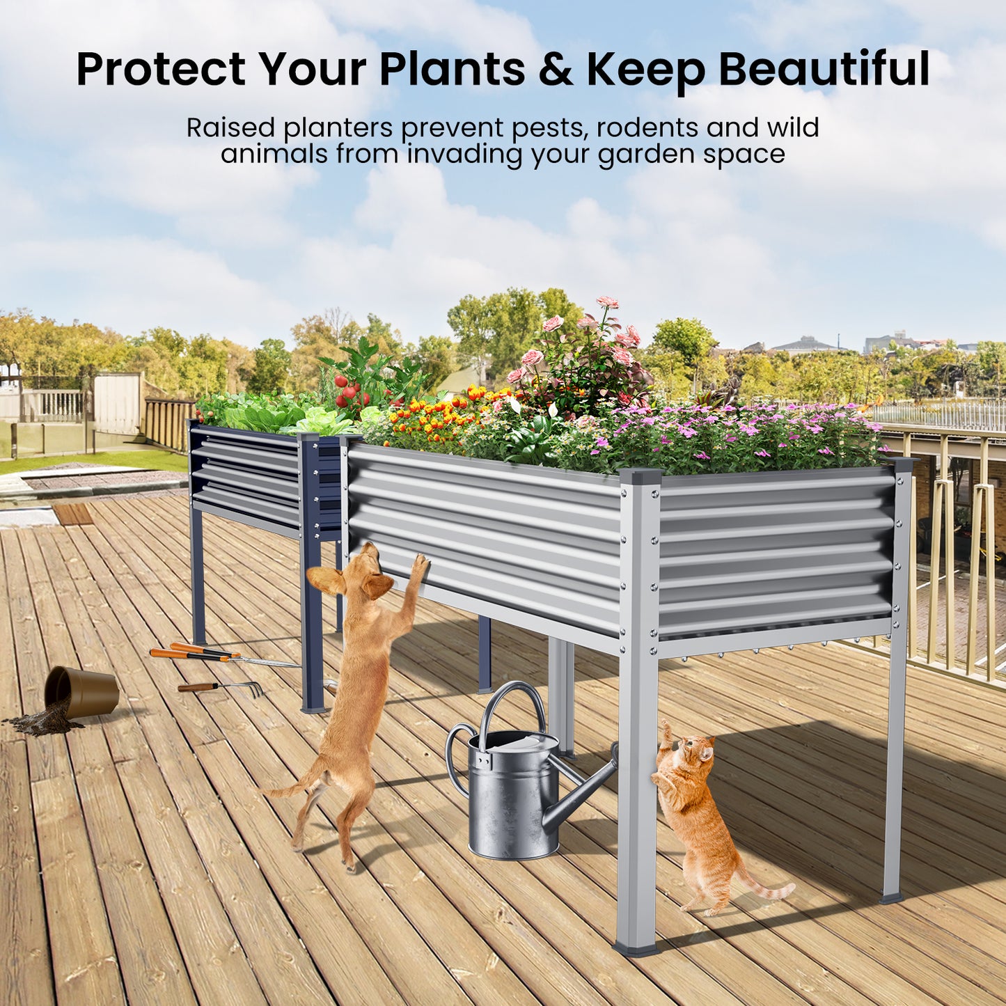 48"×24"×32" Raised Garden Bed with Legs, Outdoor Galvanized Steel Metal Elevated Planter Box with Glove, Socket Wrench, Screwdriver for Outdoor Gardening - Sliver