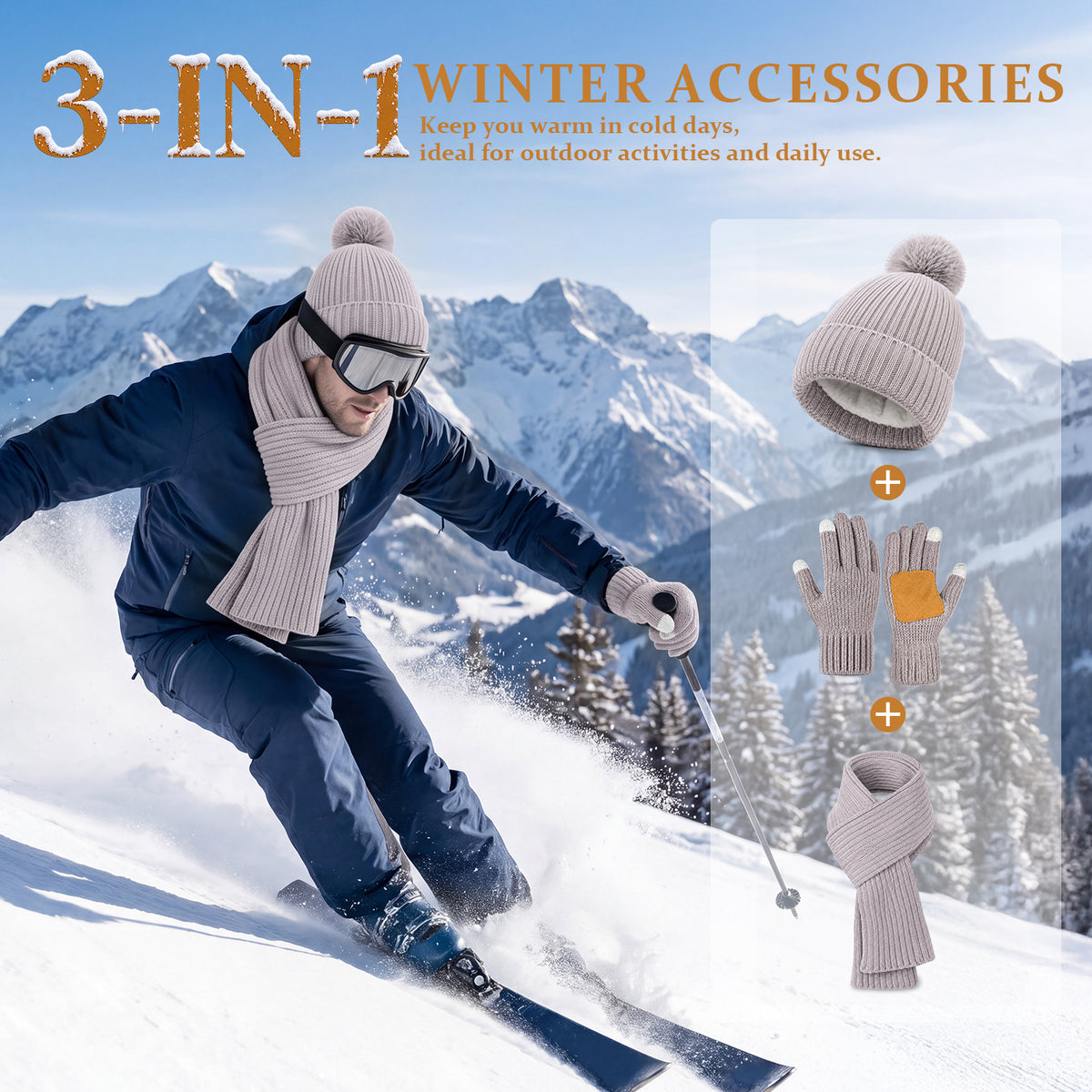 Adult Winter Warm Set, 3 PCS Winter Gloves Beanie Hat Neck Scarf Cold Weather Accessories for Men & Women - Gray