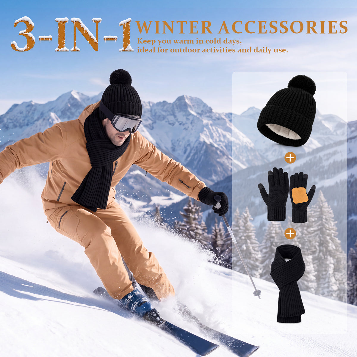 Adult Winter Warm Set, 3 PCS Winter Gloves Beanie Hat Neck Scarf Cold Weather Accessories for Men & Women - Black