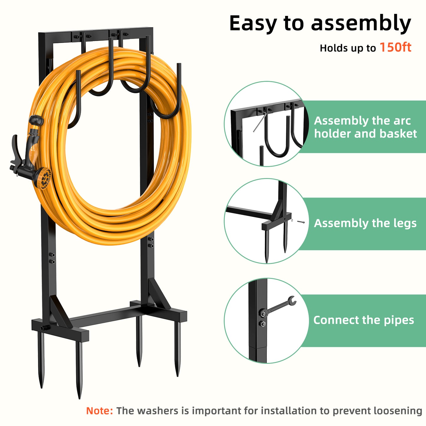Garden Hose Holder, Freestanding Water Hose Holder Hanger with 6 Hooks, Detachable Heavy Duty Metal Water Hose Reels Stand Rack