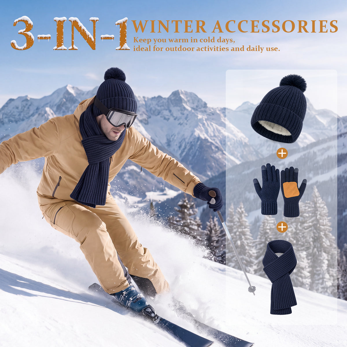 Adult Winter Warm Set, 3 PCS Winter Gloves Beanie Hat Neck Scarf Cold Weather Accessories for Men & Women - Navy Blue