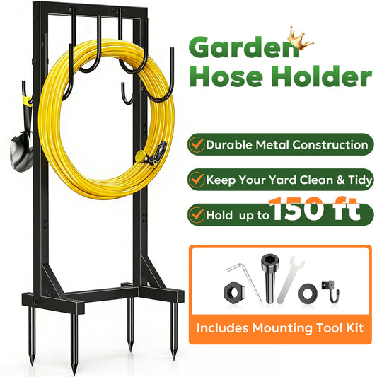 Garden Hose Holder, Freestanding Water Hose Holder Hanger with 6 Hooks, Detachable Heavy Duty Metal Water Hose Reels Stand Rack