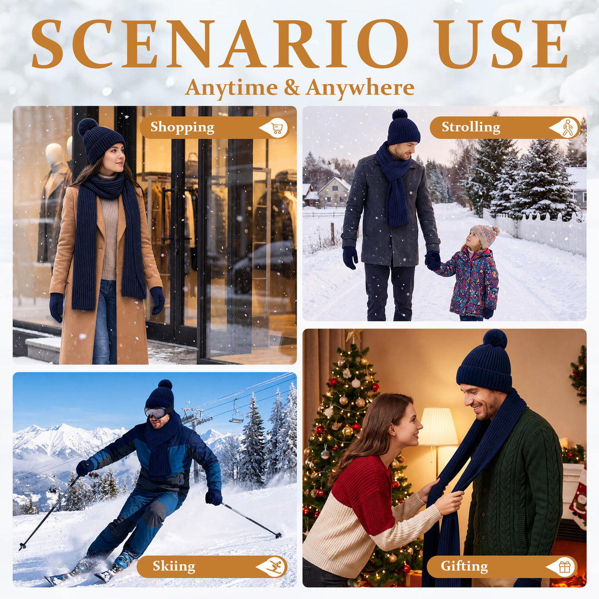 Adult Winter Warm Set, 3 PCS Winter Gloves Beanie Hat Neck Scarf Cold Weather Accessories for Men & Women - Navy Blue