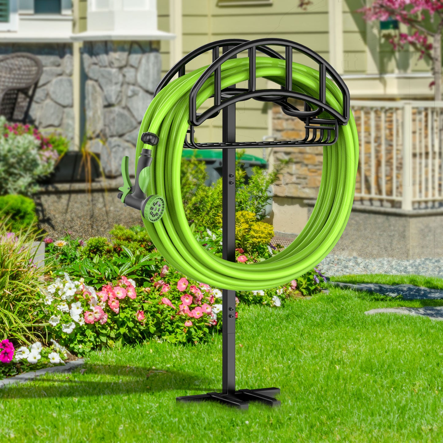 Garden Hose Holder with Basket, Freestanding Water Hose Reels Hanger, Detachable Heavy Duty Metal Water Hose Storage Stand Rack