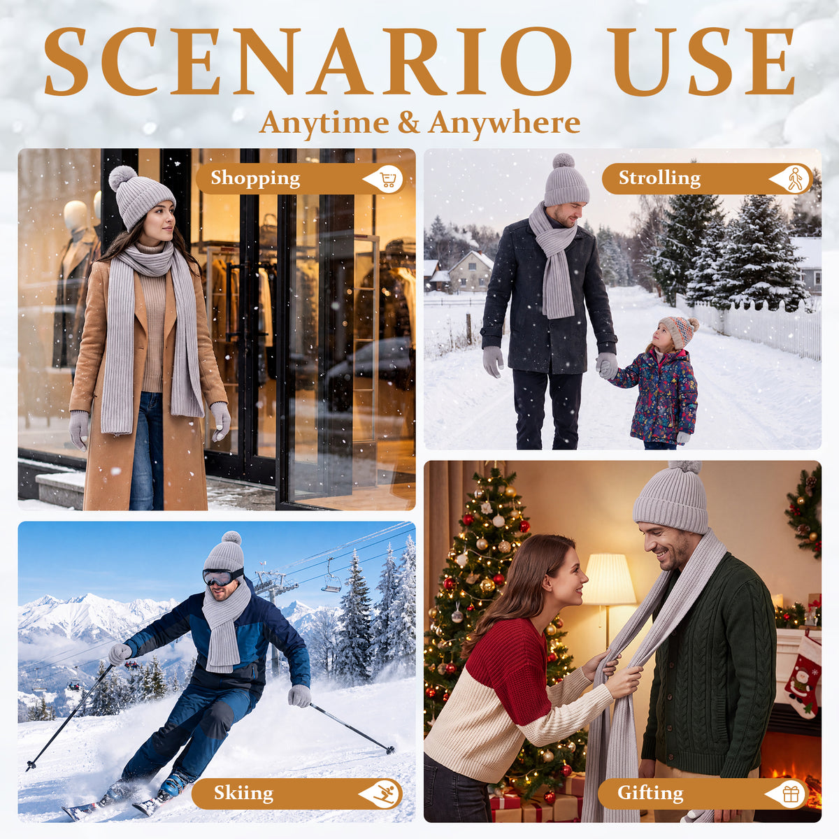 Adult Winter Warm Set, 3 PCS Winter Gloves Beanie Hat Neck Scarf Cold Weather Accessories for Men & Women - Gray