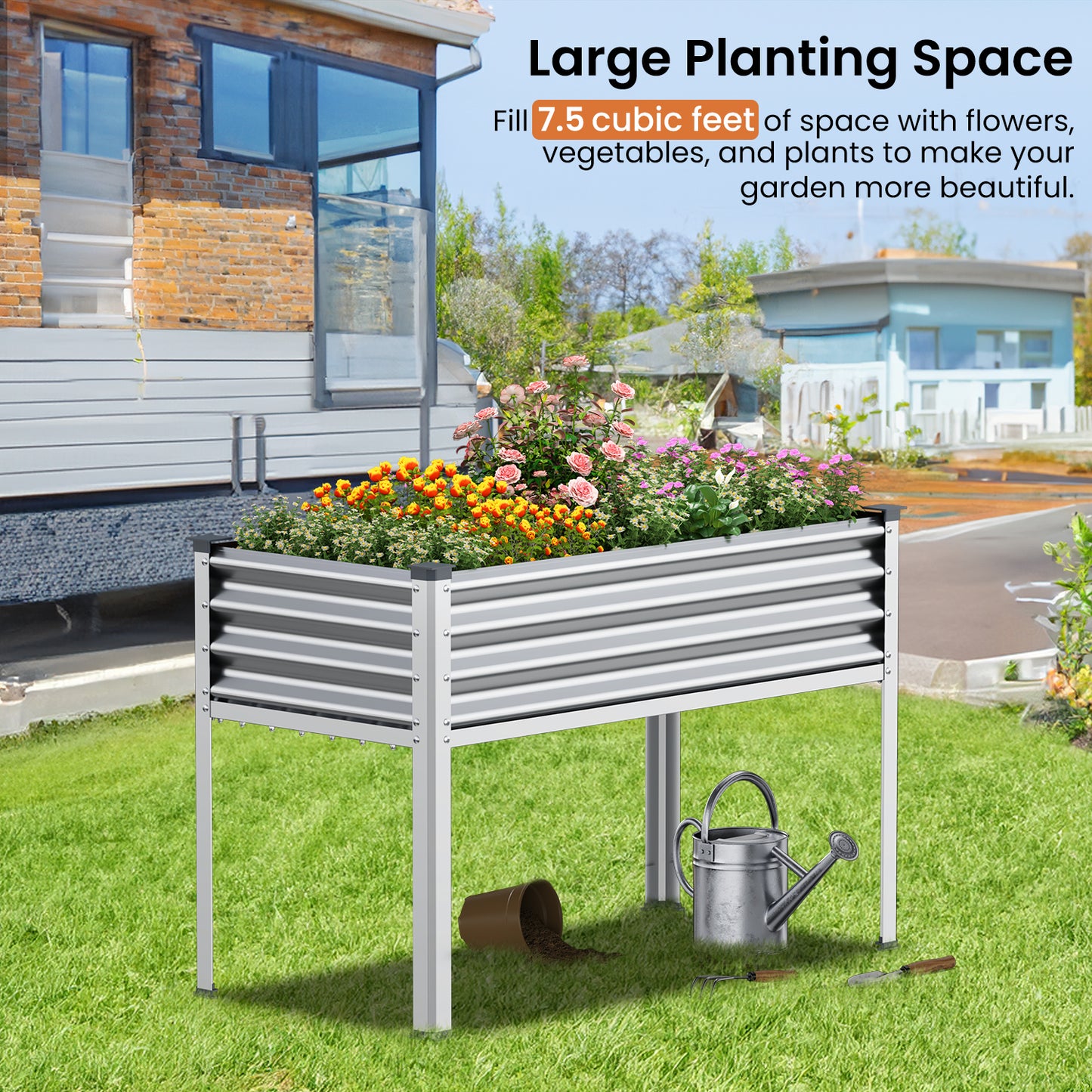 48"×24"×32" Raised Garden Bed with Legs, Outdoor Galvanized Steel Metal Elevated Planter Box with Glove, Socket Wrench, Screwdriver for Outdoor Gardening - Sliver