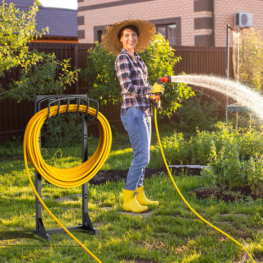 Garden Hose Holder Freestanding, Heavy Duty Metal Water Hose Reels for Outside, Detachable Garden Hose Storage Stand Rack, Black
