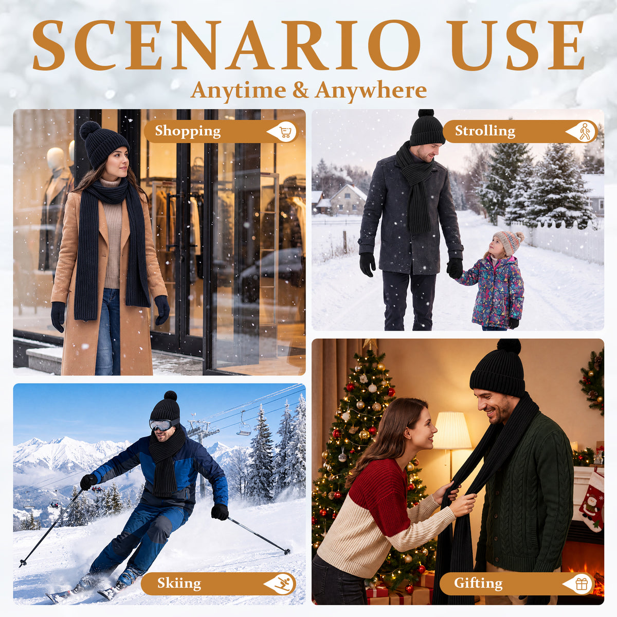 Adult Winter Warm Set, 3 PCS Winter Gloves Beanie Hat Neck Scarf Cold Weather Accessories for Men & Women - Black