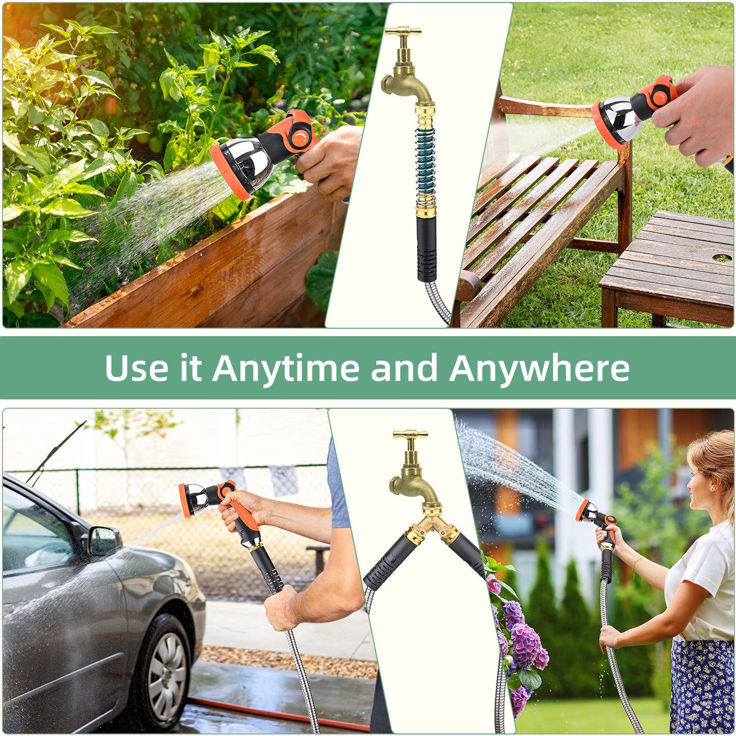 100ft 304 Stainless Steel Garden Hose Metal, Heavy Duty Water Hoses with Splitter & 6 Extra Rubber Washers for Lawn Watering, Outdoor - Flexible, Never Kink & Tangle, Puncture Resistant
