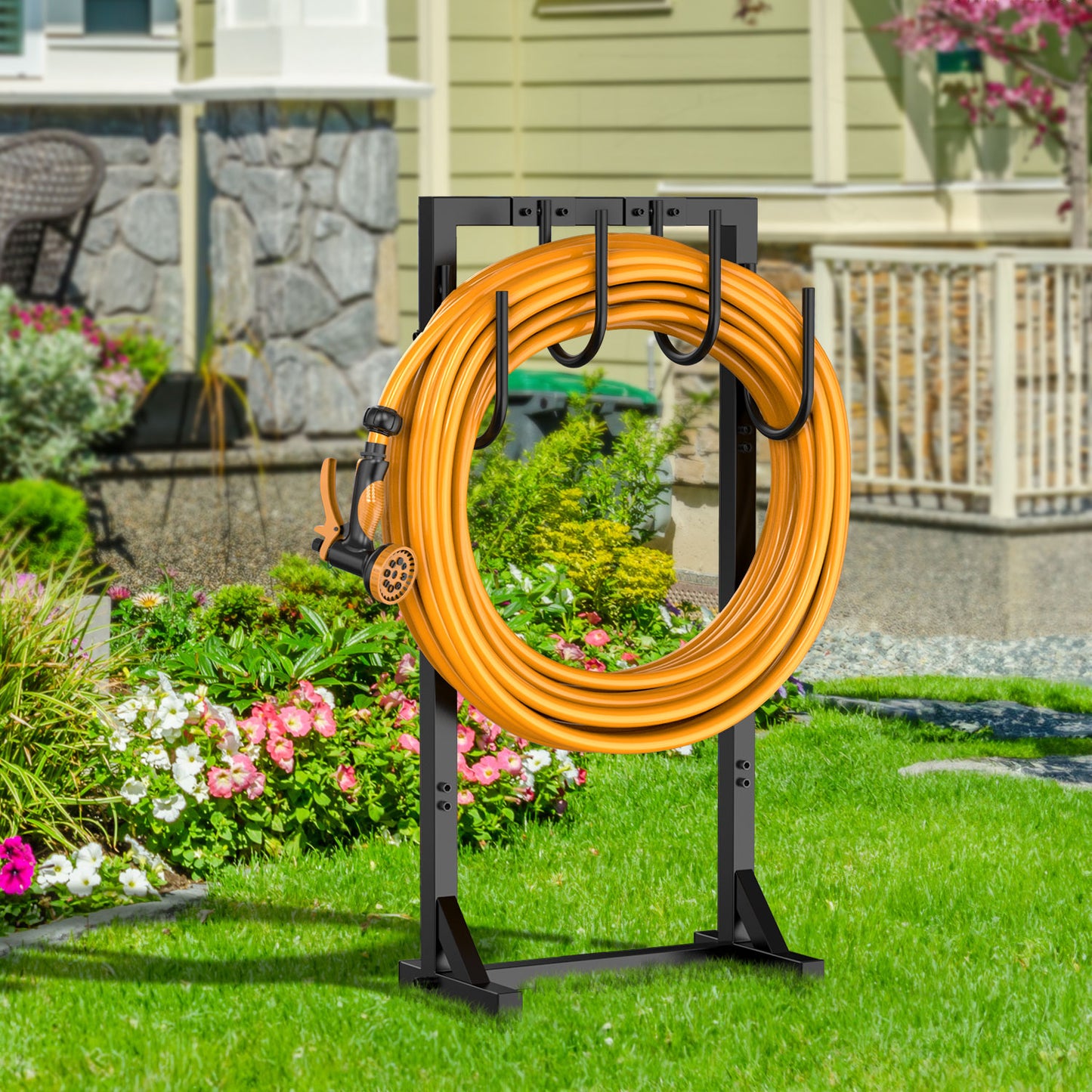 Garden Hose Holder, Freestanding Water Hose Holder Hanger with 6 Hooks, Detachable Heavy Duty Metal Water Hose Reels Stand Rack