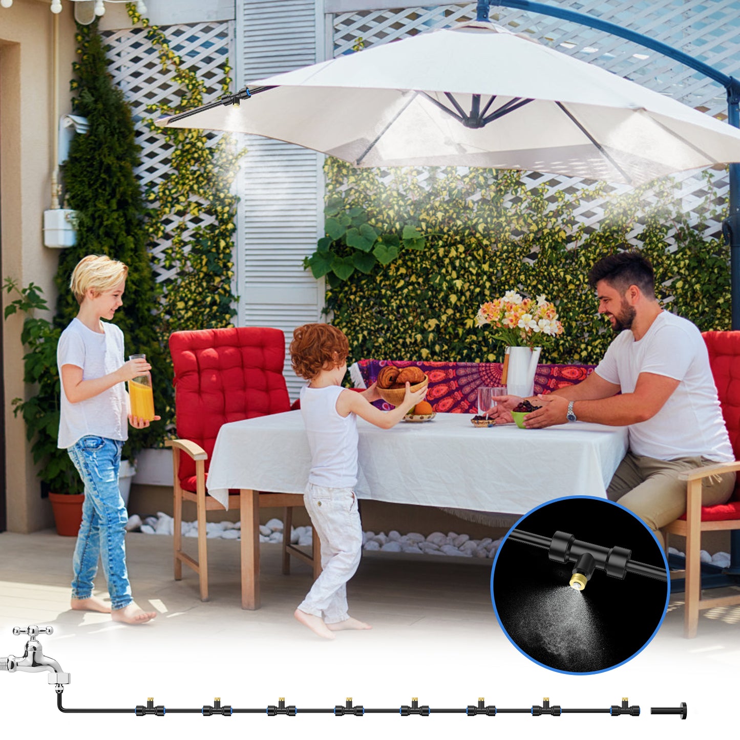 Misting Cooling System, 59FT+Extra 13FT Misting Line, Misters System for Outdoor Patio Garden Greenhouse Pasture with 18 T-Joints & 18 Misting Nozzles & Brass Adapter