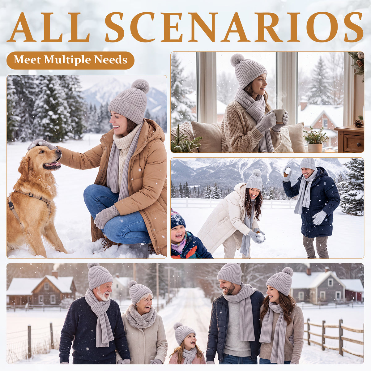 Adult Winter Warm Set, 3 PCS Winter Gloves Beanie Hat Neck Scarf Cold Weather Accessories for Men & Women - Gray