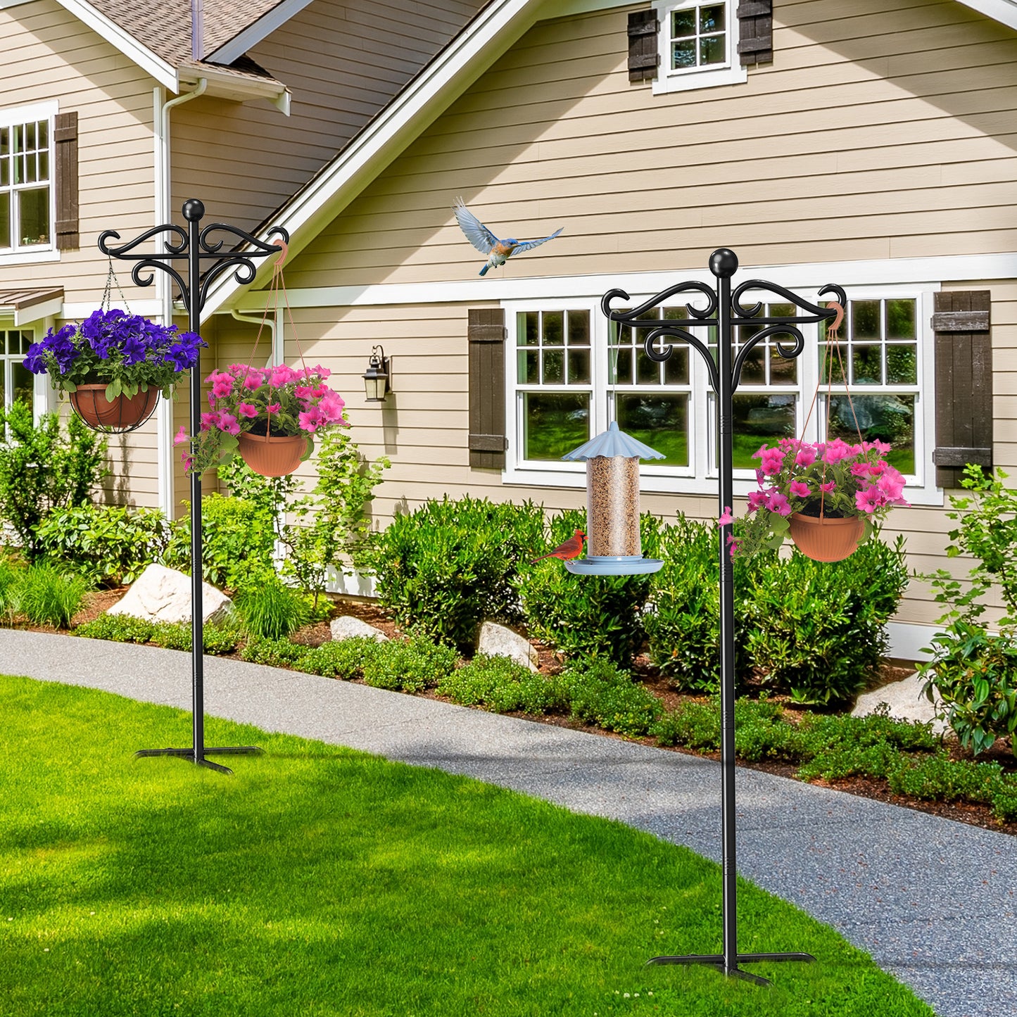 Shepherds Hooks for Outdoor, 76" Double Bird Feeder Poles with 5 Prongs, Adjustable Outdoor Plant Hanger Hooks for Bird Feeder, Plant Baskets, Lanterns, Wedding Decor(2 Pack)