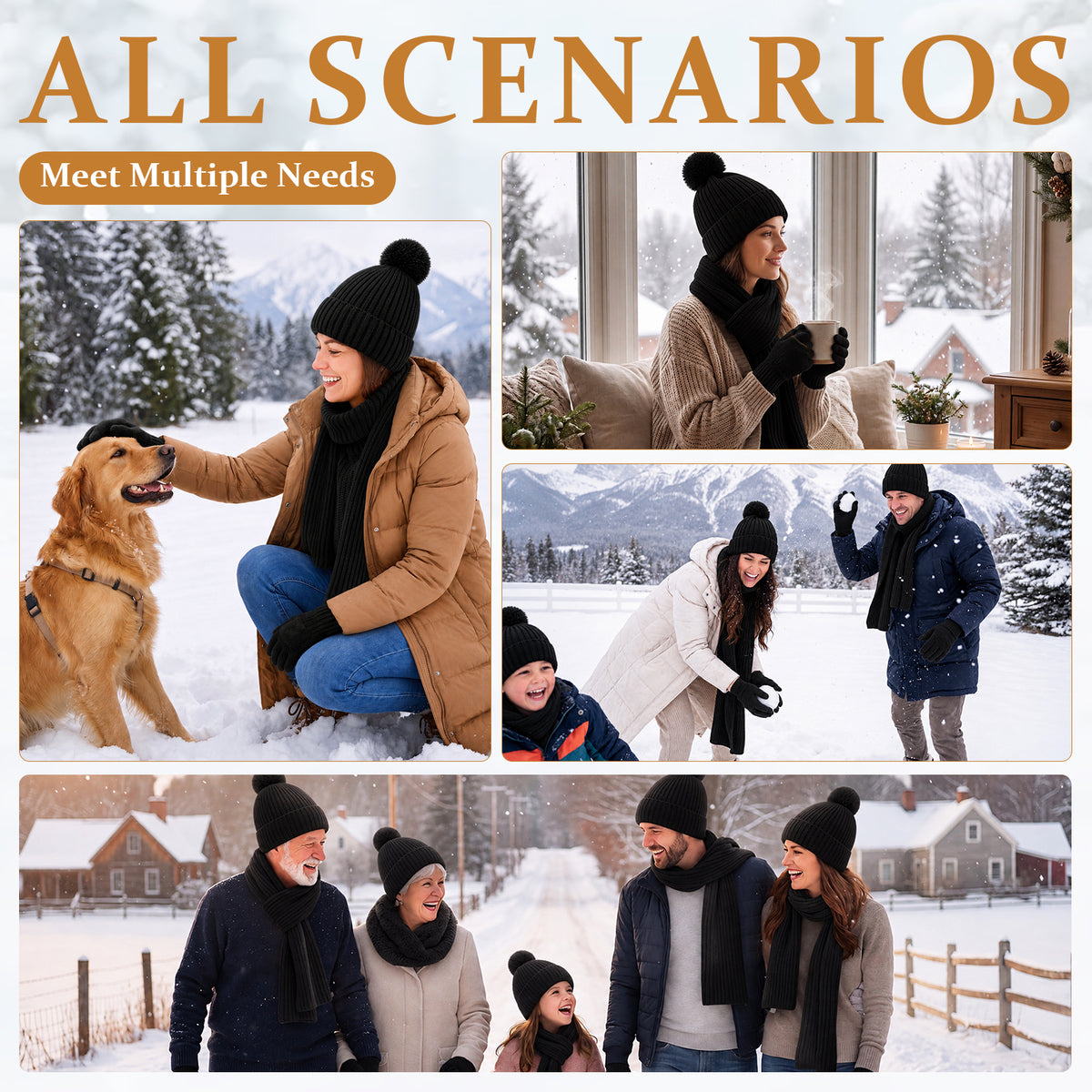 Adult Winter Warm Set, 3 PCS Winter Gloves Beanie Hat Neck Scarf Cold Weather Accessories for Men & Women - Black
