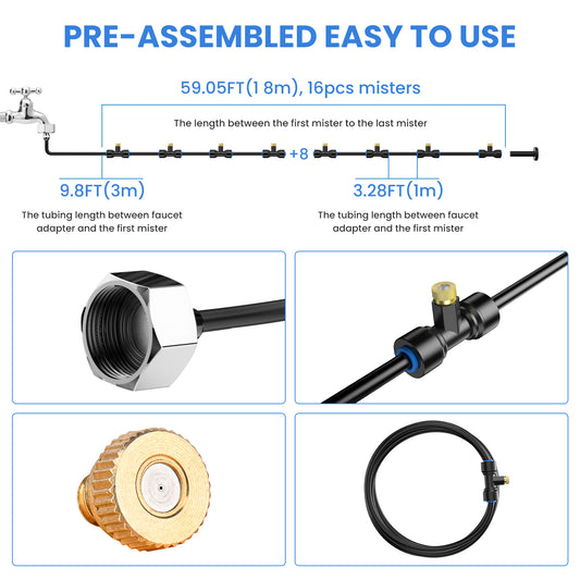 Misting Cooling System, 59FT+Extra 13FT Misting Line, Misters System for Outdoor Patio Garden Greenhouse Pasture with 18 T-Joints & 18 Misting Nozzles & Brass Adapter