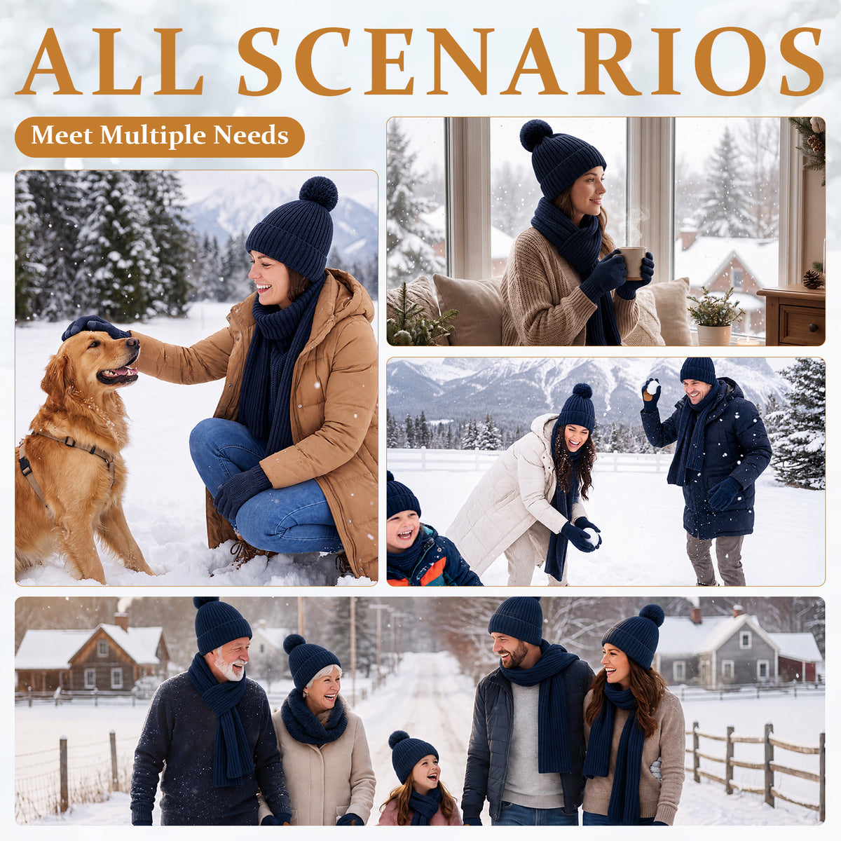 Adult Winter Warm Set, 3 PCS Winter Gloves Beanie Hat Neck Scarf Cold Weather Accessories for Men & Women - Navy Blue
