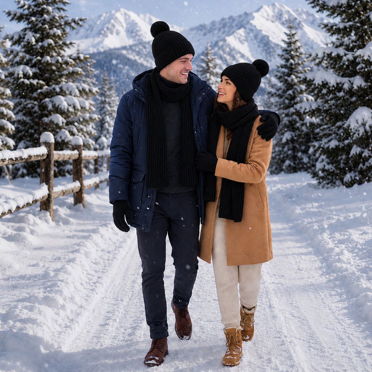 Adult Winter Warm Set, 3 PCS Winter Gloves Beanie Hat Neck Scarf Cold Weather Accessories for Men & Women - Black