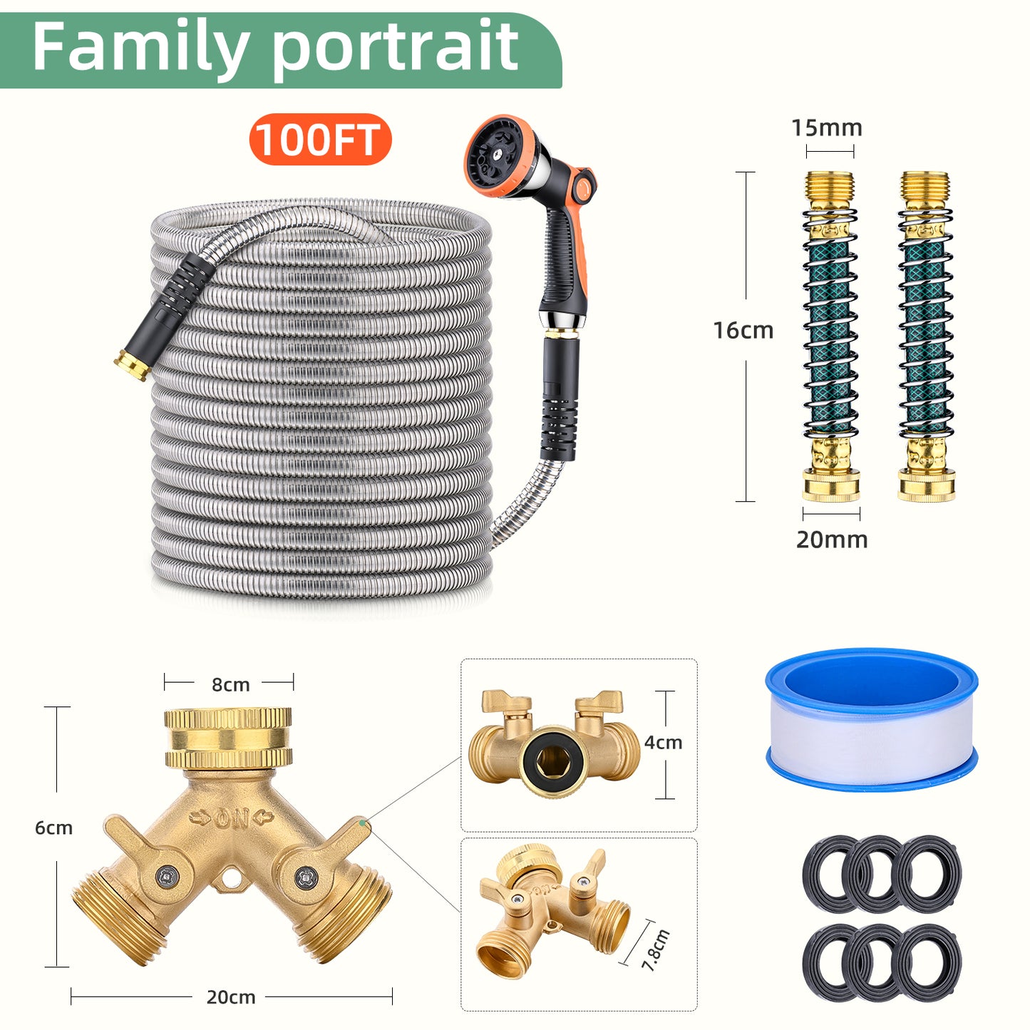 100ft 304 Stainless Steel Garden Hose Metal, Heavy Duty Water Hoses with Splitter & 6 Extra Rubber Washers for Lawn Watering, Outdoor - Flexible, Never Kink & Tangle, Puncture Resistant