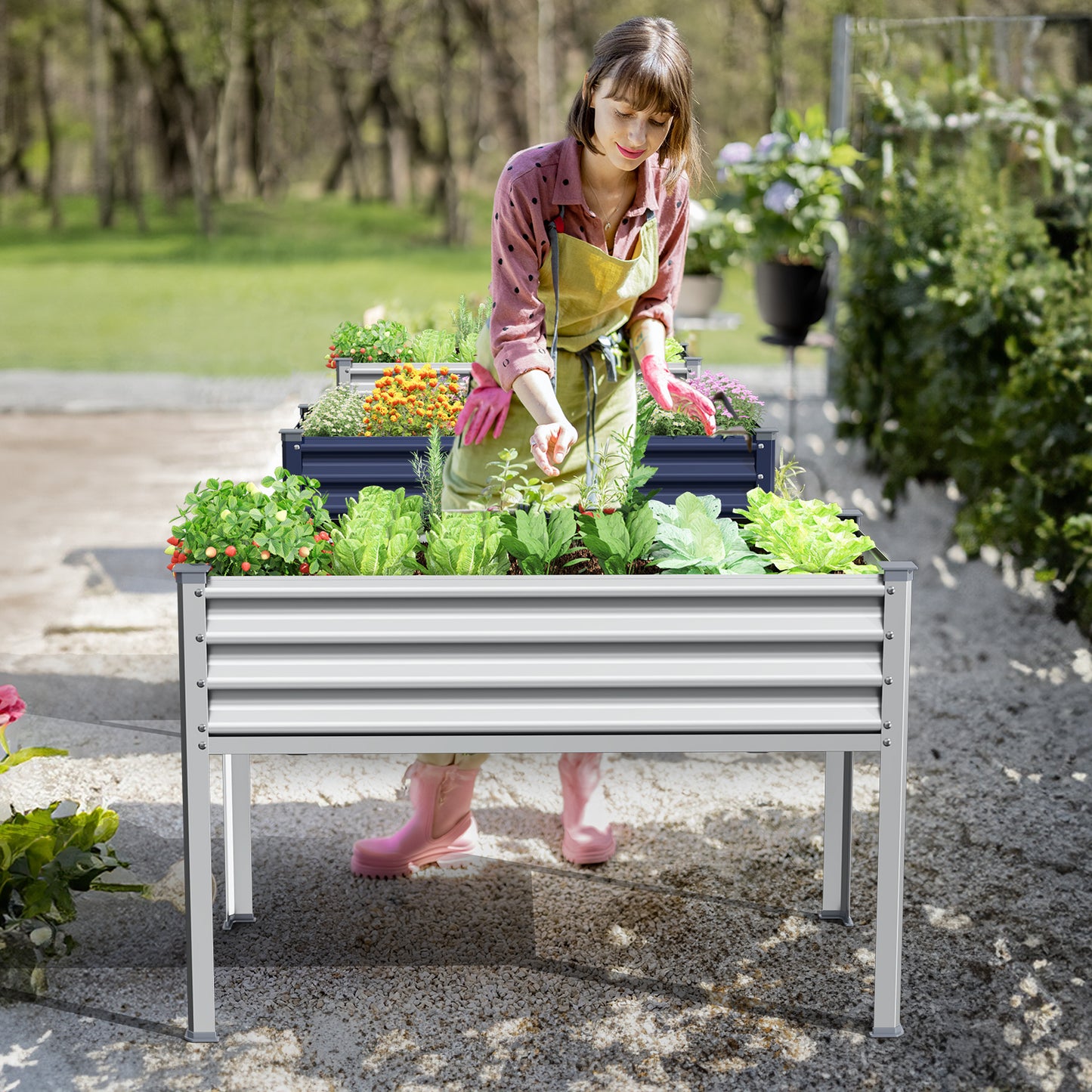48"×24"×32" Raised Garden Bed with Legs, Outdoor Galvanized Steel Metal Elevated Planter Box with Glove, Socket Wrench, Screwdriver for Outdoor Gardening - Sliver