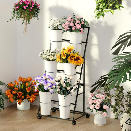 Flower Display Stand, 3 Layers Metal Plant Stand with Wheels, Multi-Purpose Storage, for Florist Indoor Wedding Dector, Black